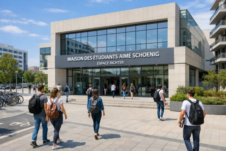 Entrée de la Maison des Étudiants Aimé Schoenig à Espace Richter, étudiants arrivant à pied.