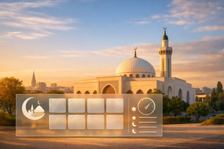 Mosquée Arrahma de Nantes au lever du soleil, ambiance paisible avec calendrier symbolique des horaires de prière.