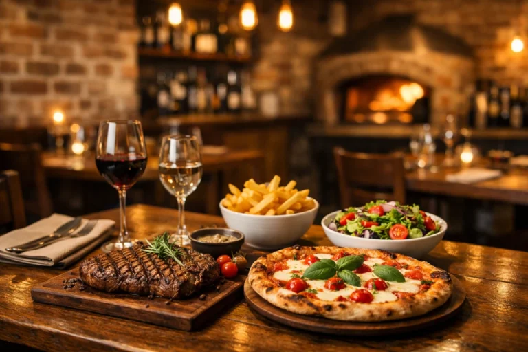 Table garnie avec steak grillé, pizza au feu de bois et ambiance chaleureuse en salle.