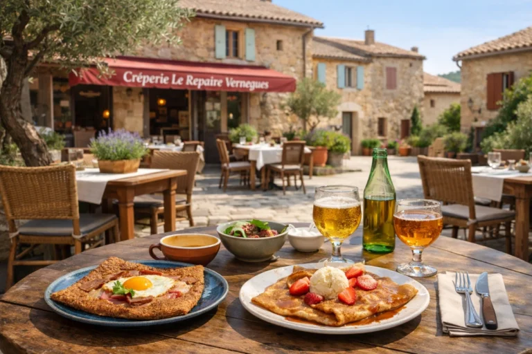 Crêpes sucrée et salée servies en terrasse d’une crêperie provençale, tables en bois et village été.