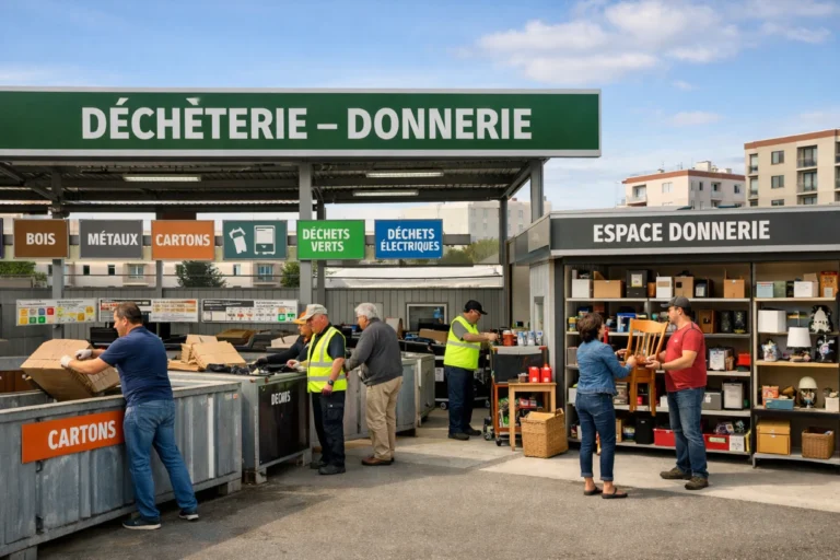 Déchèterie et donnerie à Villeurbanne avec tri des déchets et espace de dons organisé.