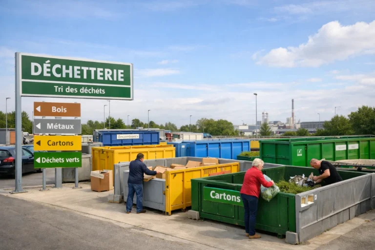 Déchetterie à Rosendael avec bennes de tri et usagers déposant leurs déchets recyclables.
