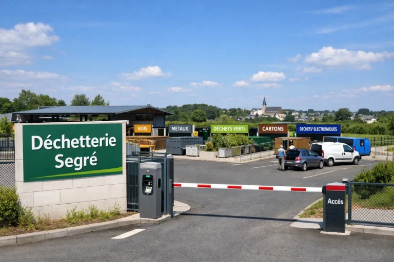 Déchetterie de Segré avec bennes de tri, accès par carte et usagers en journée ensoleillée.
