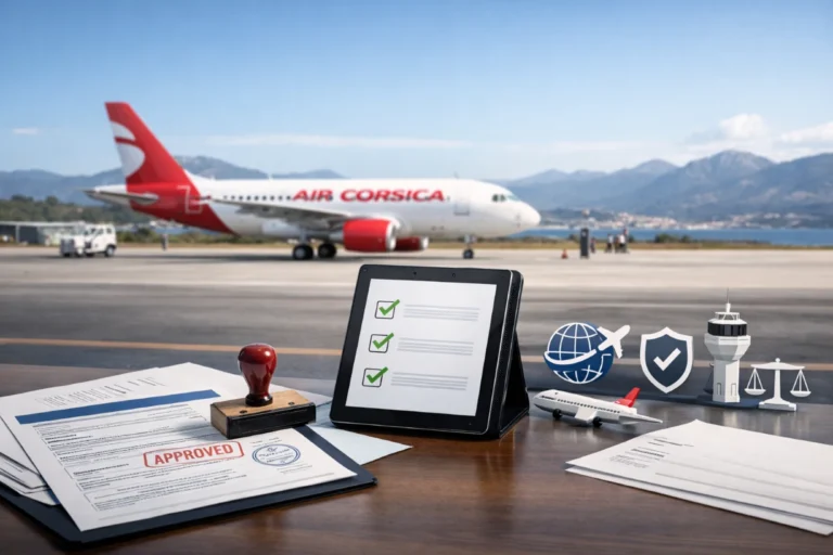 Avion Air Corsica sur le tarmac avec documents certifiés illustrant le renouvellement d’accréditation 2026.