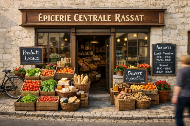 Épicerie locale française avec fruits, légumes frais et produits du terroir en vitrine.