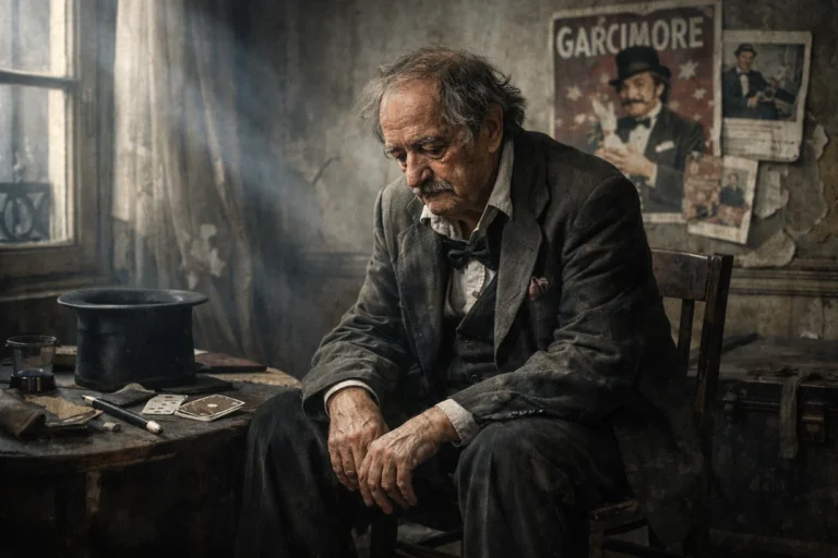 Magicien âgé assis seul dans un appartement sombre, entouré d’anciens accessoires de scène.