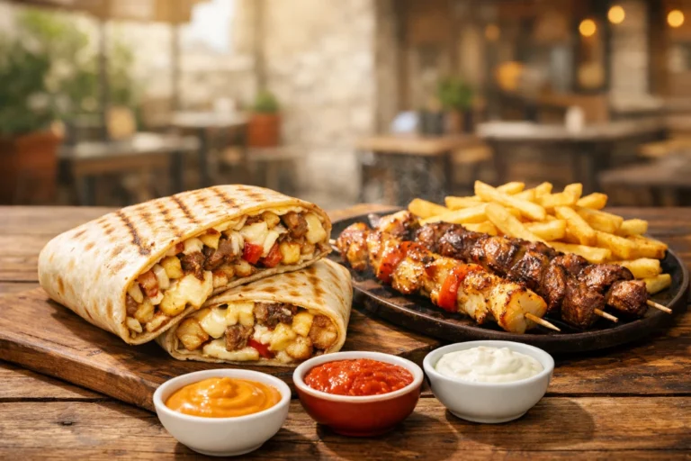 Tacos français au fromage fondu et grillades, frites et sauces sur table en bois chaleureuse.
