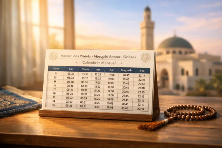 Calendrier mensuel des horaires de prière avec mosquée en arrière-plan lumineux à Orléans.