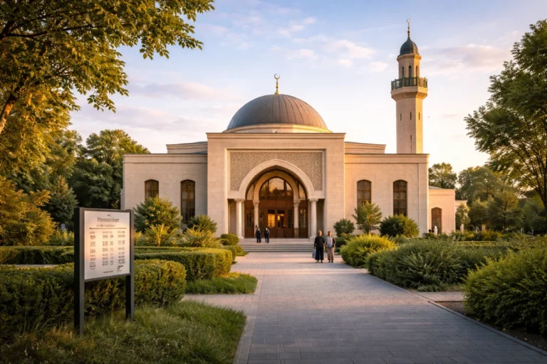 Mosquée ASMC à La Celle-Saint-Cloud au coucher du soleil, entrée et panneau horaires visibles.