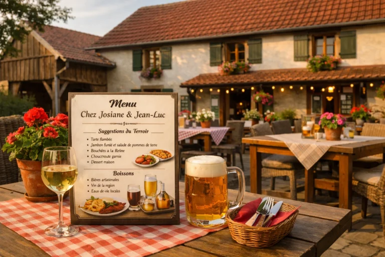 Terrasse accueillante d’un restaurant de campagne avec tables en bois, menu et boissons.