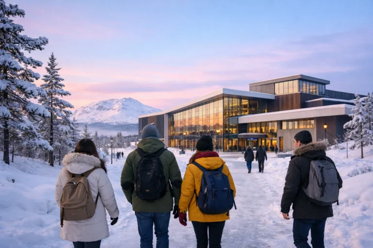 Campus enneigé de l’université LTU à Kiruna avec étudiants en hiver sous ciel arctique pastel.