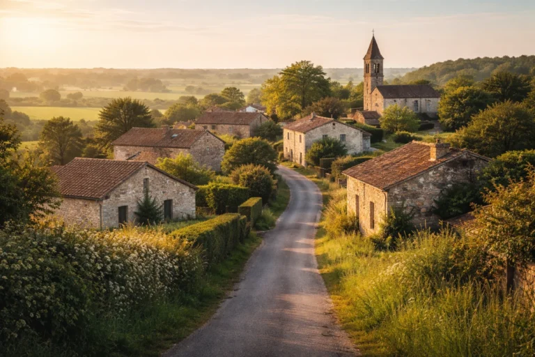 Village de La Bretonnière-La-Claye au soleil couchant, maisons en pierre et clocher rural.