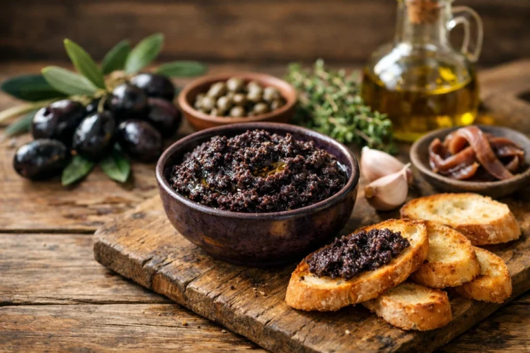 Bol de tapenade aux olives noires avec pain grillé et ingrédients provençaux rustiques.
