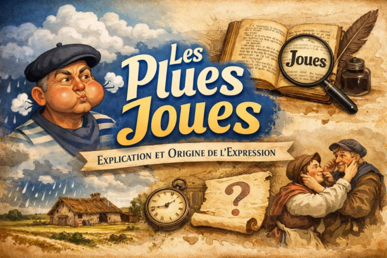 Illustration vintage montrant un homme aux joues gonflées, livres anciens et scène rurale française.