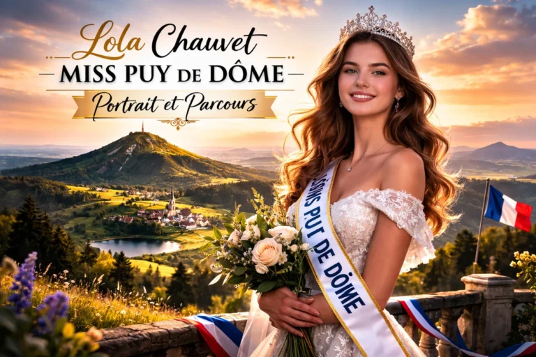 Lola Chauvet couronnée Miss Puy-de-Dôme devant le volcan au coucher du soleil doré.