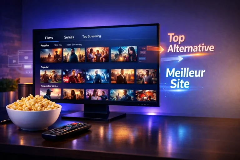 Comparatif de sites de streaming sur écran, ambiance moderne bleu et violet lumineuse.