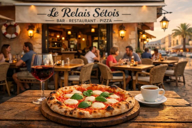 Terrasse du Relais Sétois à Sète avec pizza au feu de bois et verre de vin au coucher du soleil.