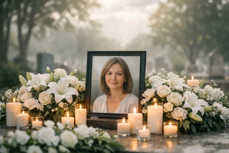 Hommage funéraire avec portrait entouré de fleurs blanches et de bougies allumées au cimetière.