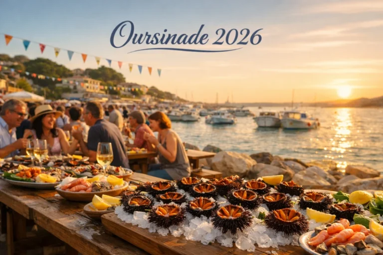 Fête de l’Oursinade à Carry-le-Rouet, oursins et port au soleil couchant festif.