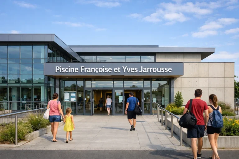 Façade de la piscine Françoise et Yves Jarrousse sous ciel bleu, visiteurs à l’entrée.