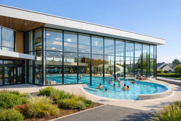 Centre aquatique moderne avec grandes baies vitrées, piscines turquoise et familles profitant d’un espace lumineux et accueillant.