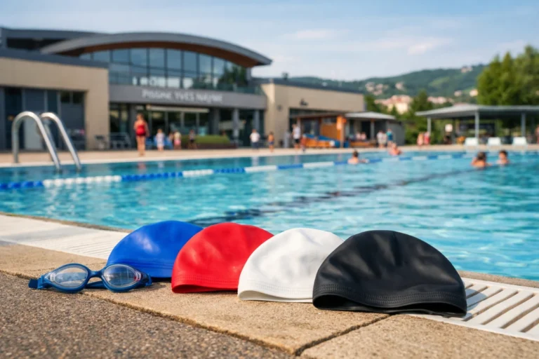 Piscine municipale de Saint-Étienne avec eau bleue, bonnets de bain au bord et nageurs flous urbains.