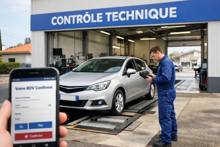 Centre de contrôle technique à Talence avec voiture en inspection et prise de RDV en ligne.