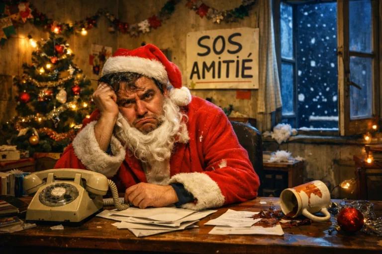 Père Noël fatigué dans un appartement parisien chaotique la veille de Noël enneigée.