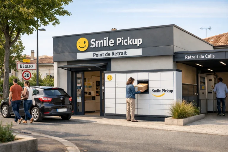 Point Smile Pickup à Bègles avec casiers de retrait, personne récupérant un colis dans un cadre urbain local calme