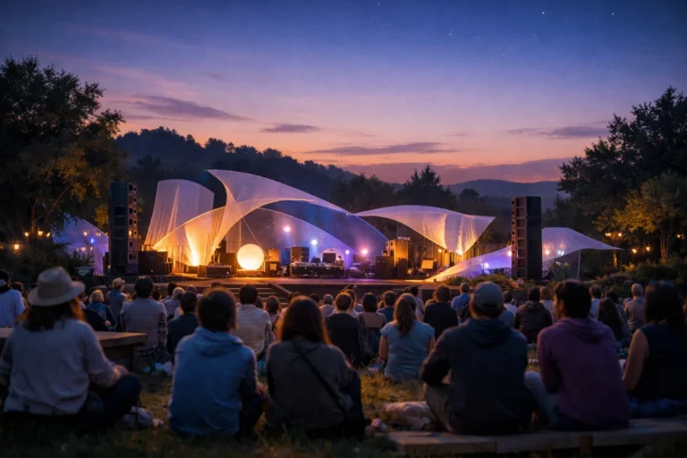 Festival sonore en plein air au crépuscule, public assis face à une scène artistique lumineuse intégrée à la nature.