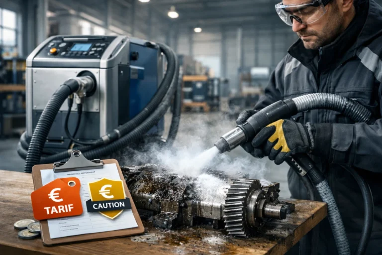 Nettoyage cryogénique industriel avec machine, opérateur et contrat de location affiché.