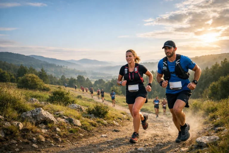 Coureurs de trail en pleine nature au lever du soleil sur un sentier vallonné en France.