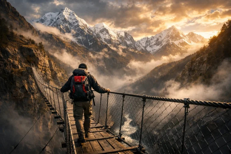 Randonneur traversant une passerelle himalayenne suspendue au-dessus d’une gorge, avec sommets enneigés et brume matinale.