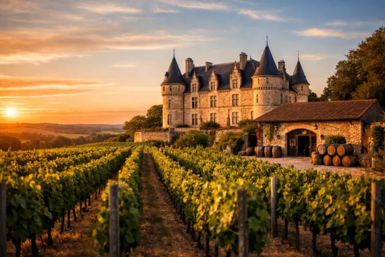 Château Moncontour au coucher du soleil dominant les vignes verdoyantes de la Loire.