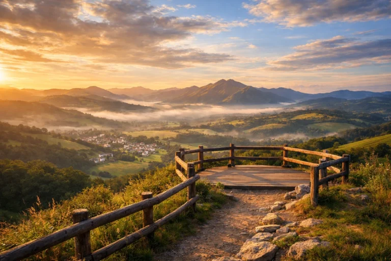 Vue panoramique du Mirador de Souraïde au coucher du soleil sur les collines basques verdoyantes.