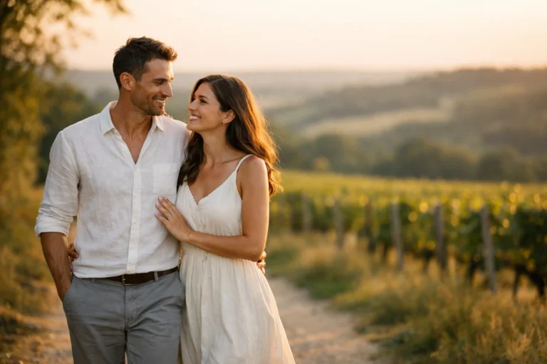 Couple élégant marchant au coucher du soleil dans la campagne française paisible.