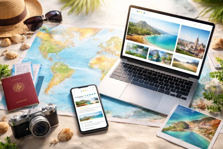 Planification de vacances avec carte, smartphone, laptop et accessoires de voyage modernes.