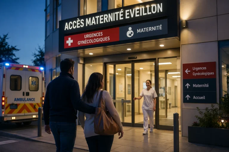 Entrée moderne de maternité avec femme enceinte accompagnée, personnel médical accueillant urgent.
