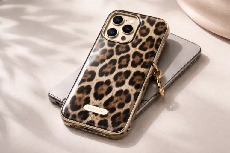 Smartphone avec coque Louvini léopard élégante et brillante sur fond beige minimaliste.