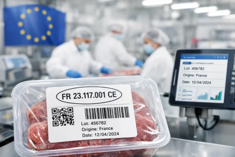 Étiquette de traçabilité sur viande emballée en usine agroalimentaire avec QR code et données visibles.