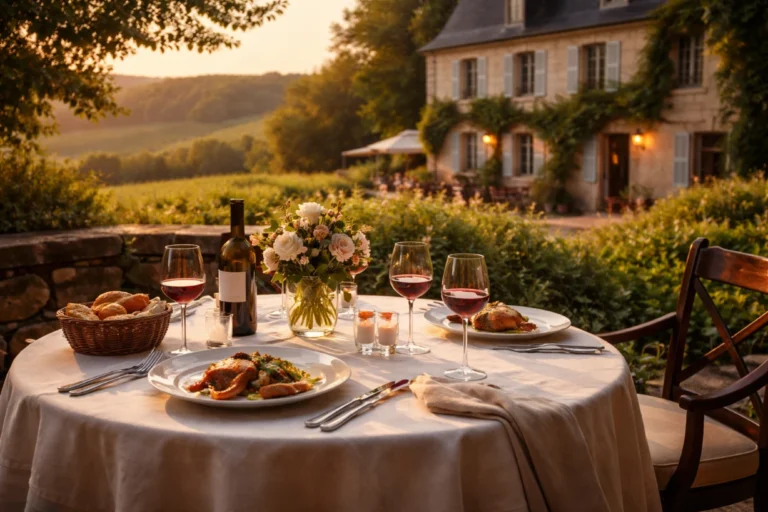 Table élégante en terrasse au soleil couchant, cuisine raffinée et vignoble paisible.