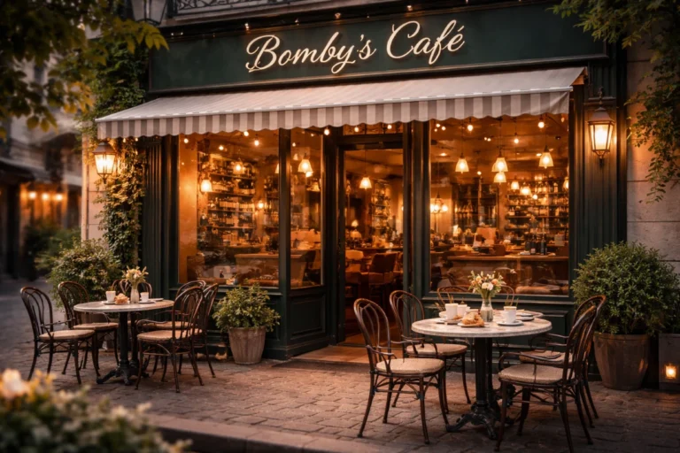 Façade chaleureuse de Bomby's Café avec terrasse, tables en marbre et ambiance parisienne au coucher du soleil.