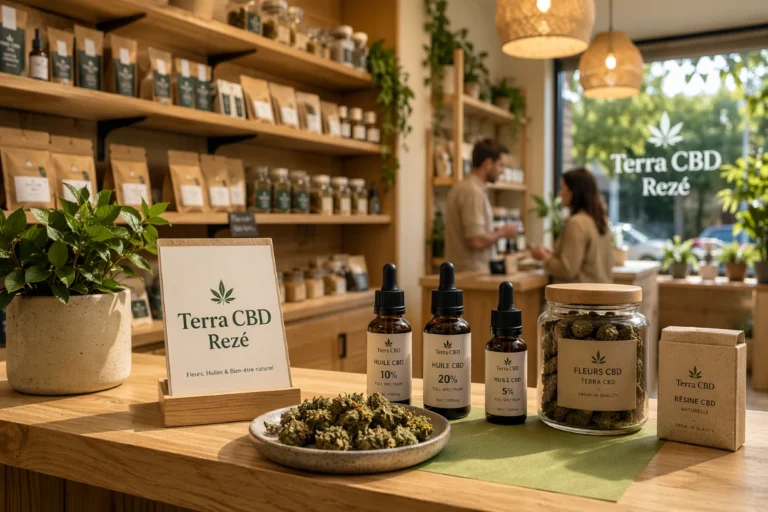 Boutique CBD moderne à Rezé avec fleurs, huiles et ambiance naturelle chaleureuse.