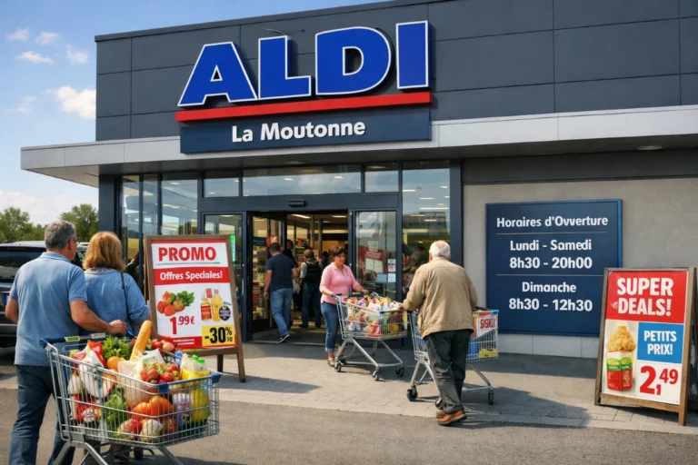 Façade d’un supermarché Aldi La Moutonne avec clients et panneaux de promotions visibles.