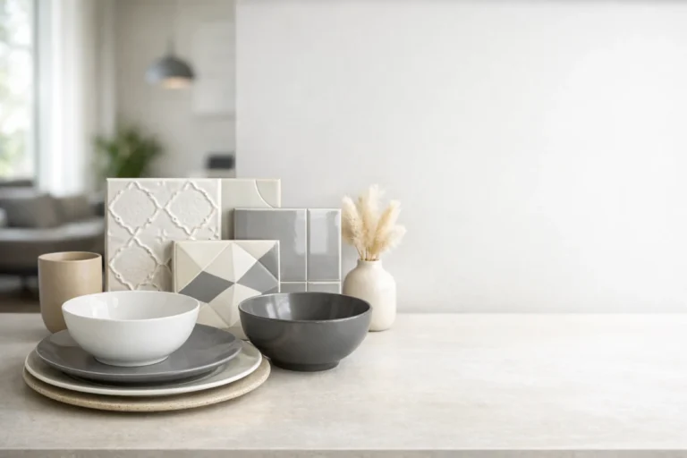 Objets en céramique haut de gamme sur plan minimaliste, lumière douce et ambiance moderne élégante.