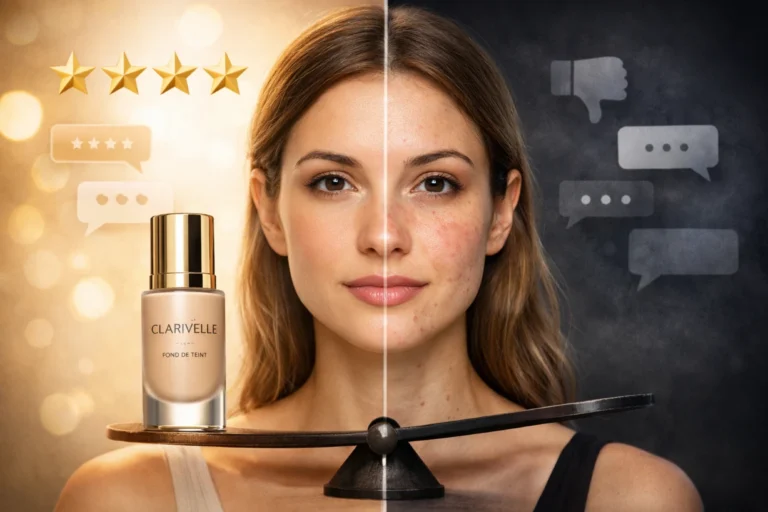 Femme au visage partagé : moitié maquillée parfaite, moitié naturelle avec imperfections visibles.