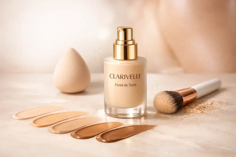 Fond de teint Clarivelle avec accessoires maquillage sur fond beige, rendu lumineux naturel élégant.