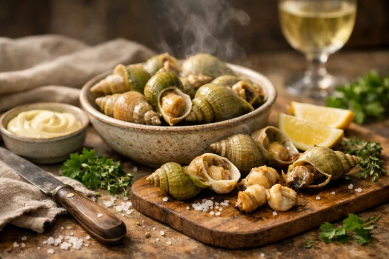 Bulots cuits présentés dans un bol et sur un plateau en bois, avec herbes, citron et aïoli.