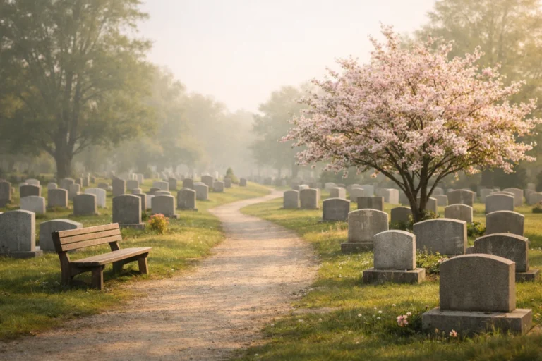Cimetière paisible avec tombes simples, arbre en fleurs et lumière douce du matin pour réflexion.