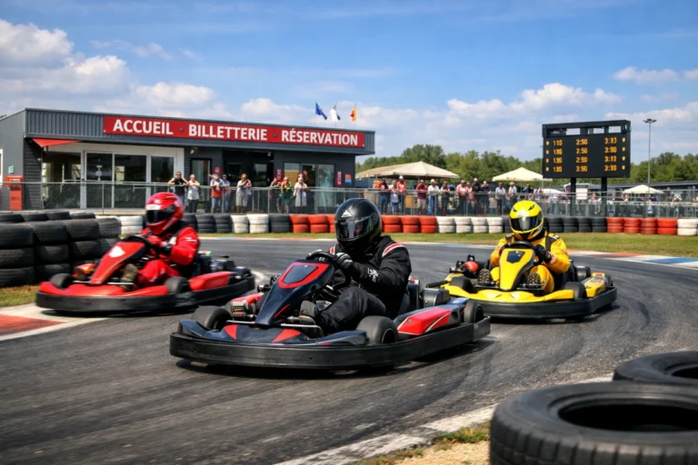 Trois karts colorés prennent un virage sur une piste de karting avec spectateurs et bâtiment.